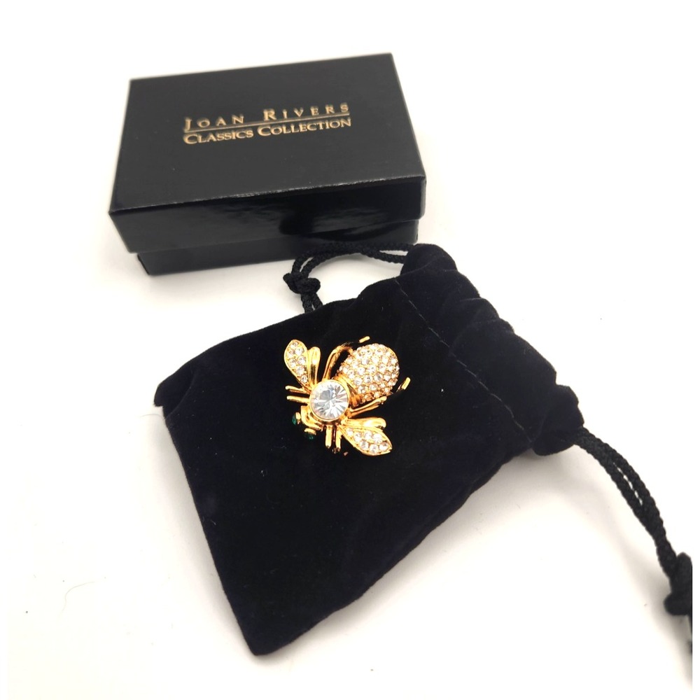 Joan Rivers Birthstone Bee Bumblebee Brooch Gold Tone Clear Crystal Insect w/box